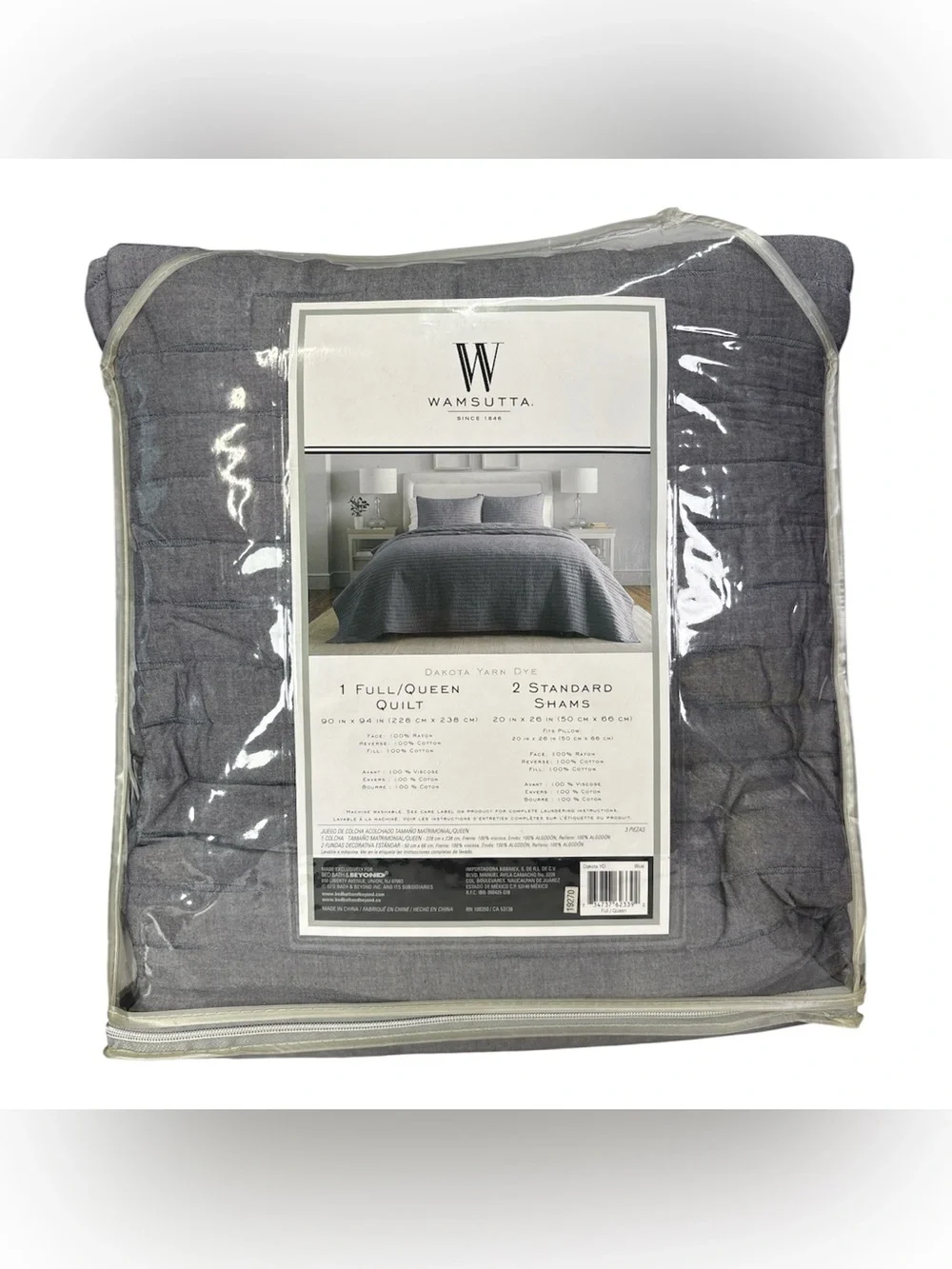 Wamsutta Dakota Yarn Dye 3-Piece Full/Queen Quilt Set Shams Denim Blue Cotton